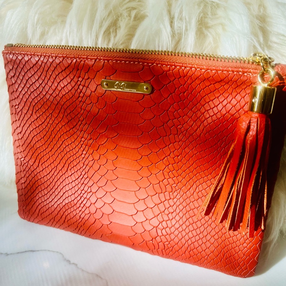 Gigi New York Tan/Orange Embossed Leather Tassel Zip Pouch